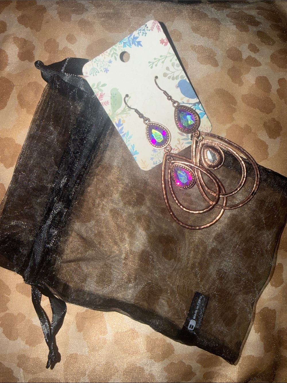 Buckle Copper Teardrop Earrings with Iridescent Purple-Green Stones